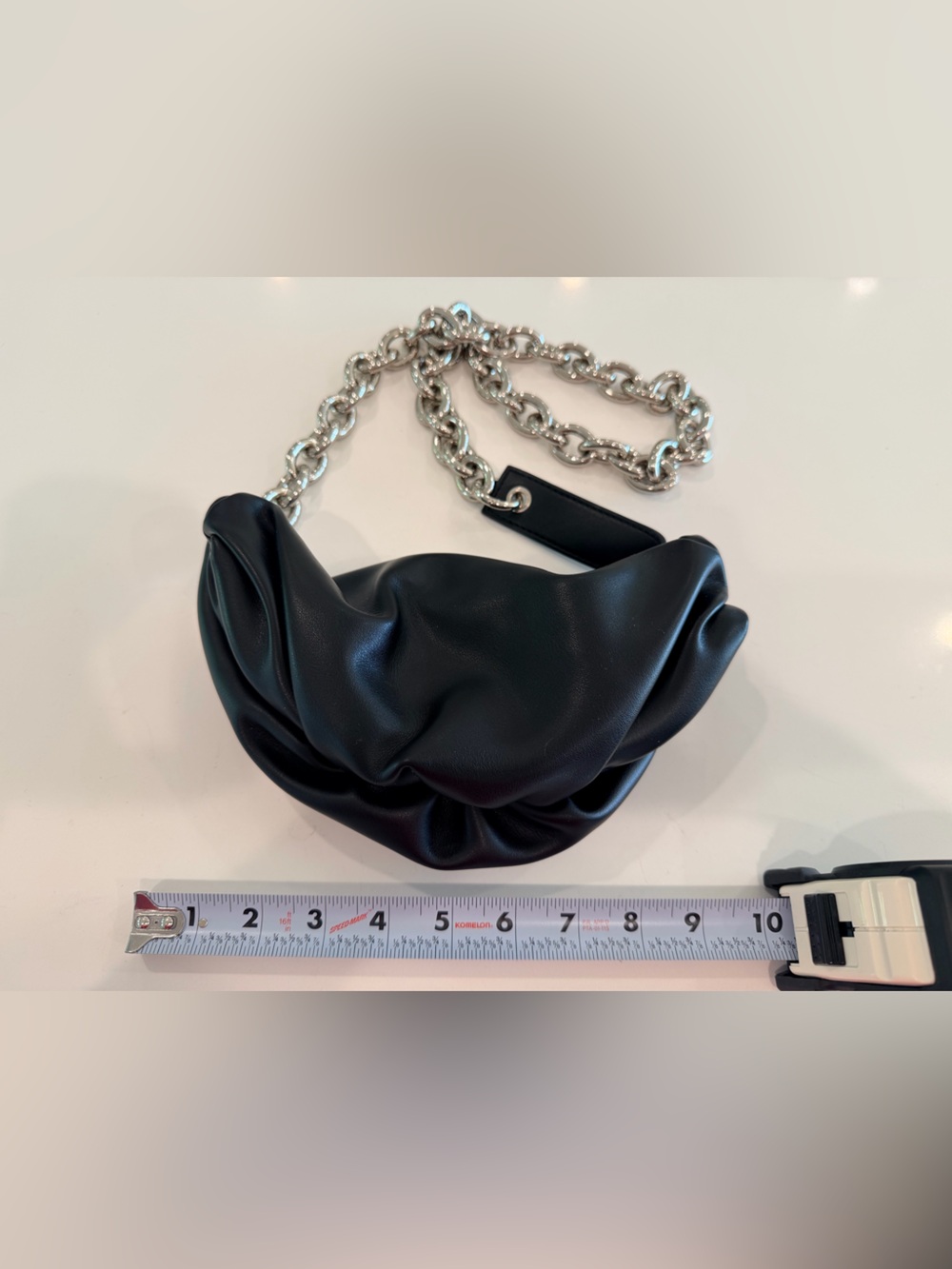 Black Ruched Faux Leather Dumpling Bag with Chunky Silver Chain